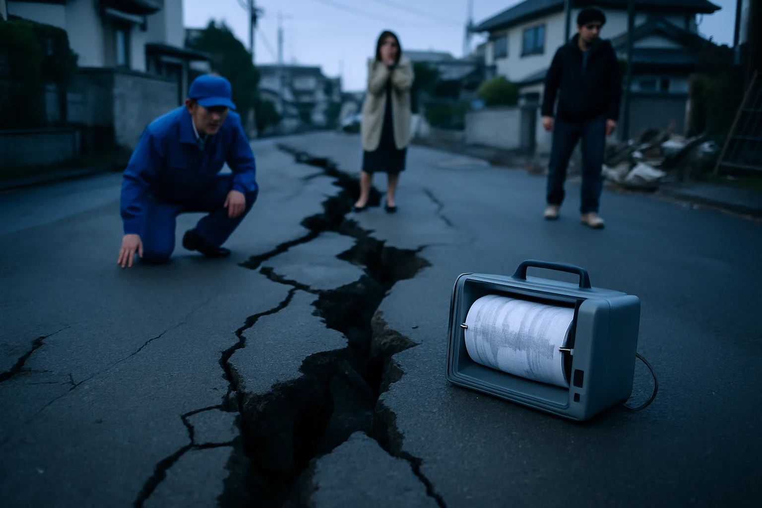 Cracked street with a seismograph on the ground as three people observe earthquake damage in a residential area.