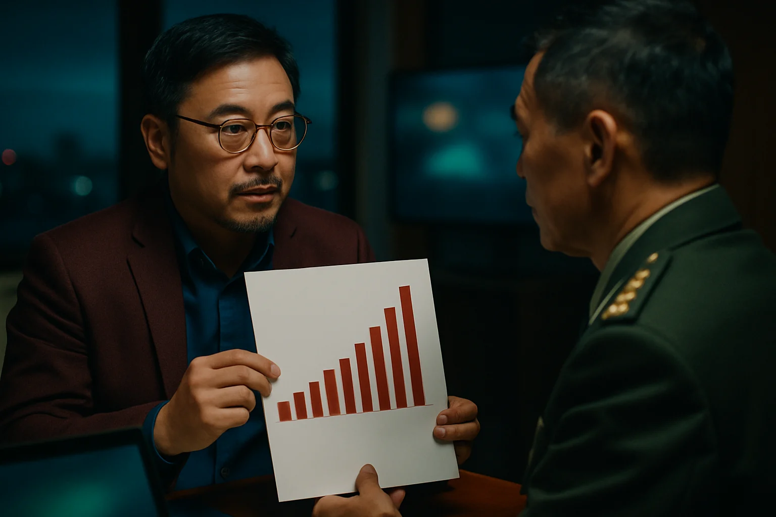 日本防卫预算增长趋势图与战后宪法第九条修改争议示意