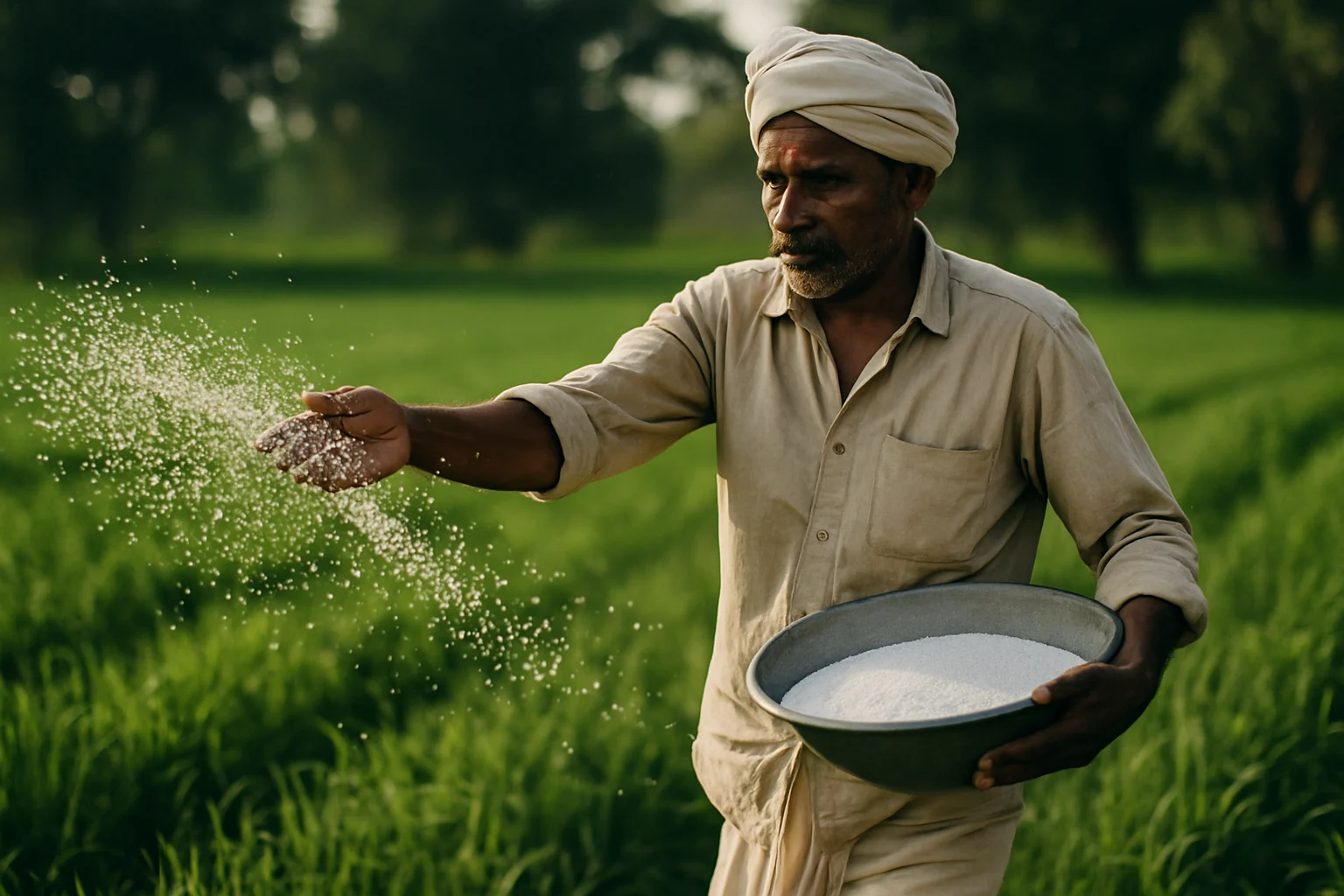 印度农田施用尿素化肥，农民在田间作业的场景