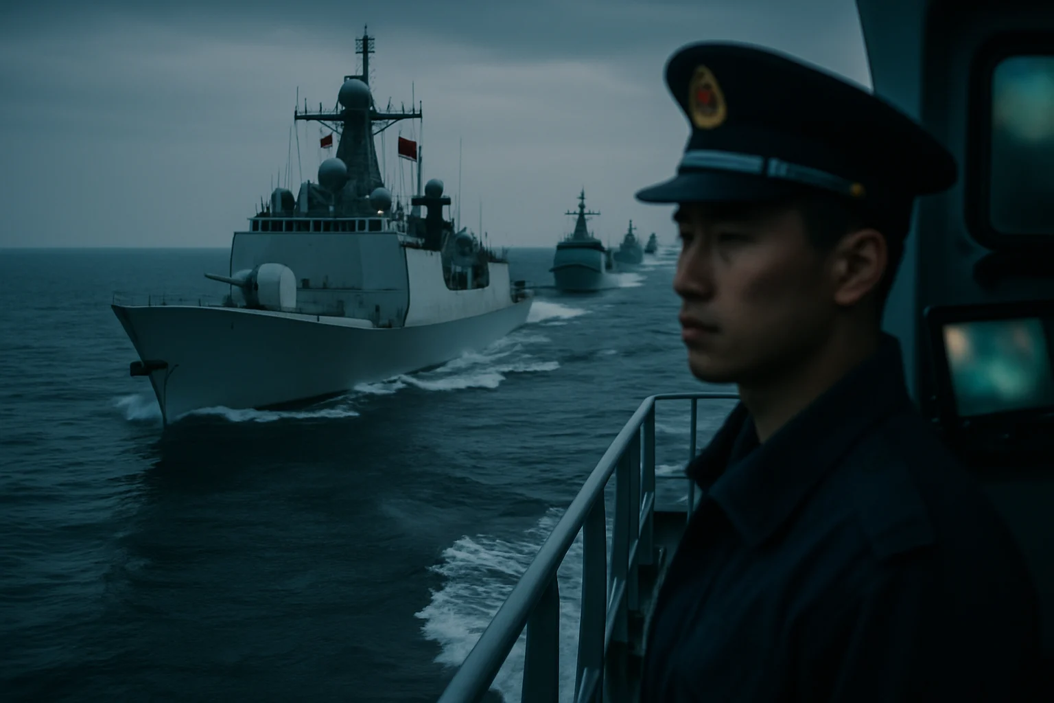 解放军海军舰艇编队在远海演训中进行编队航行