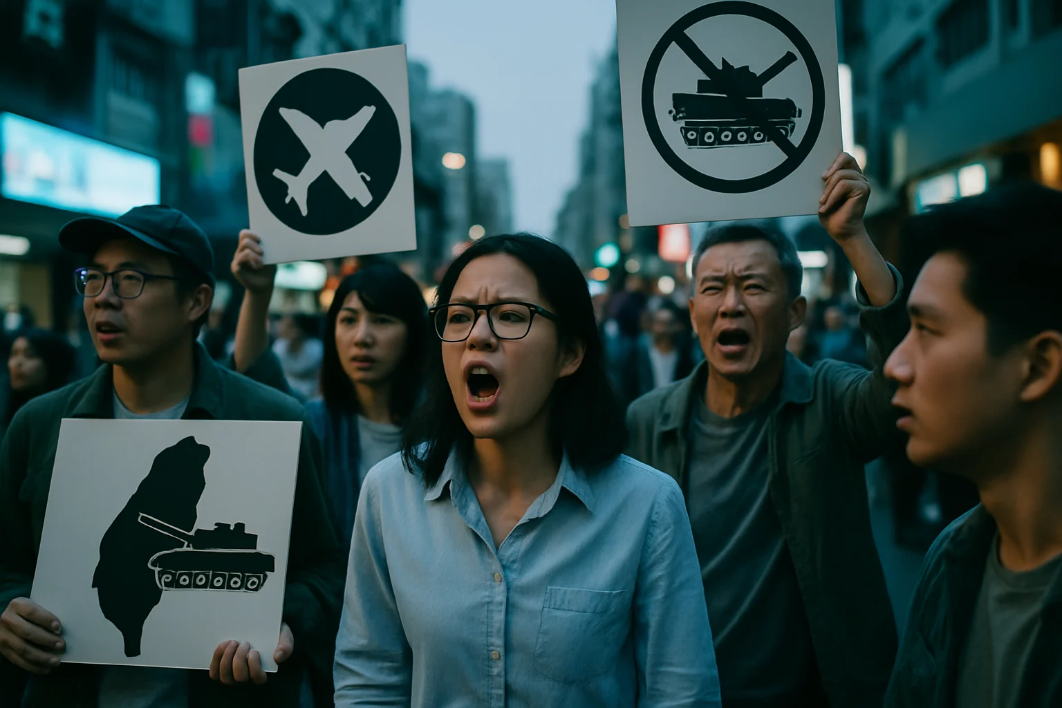 台湾民众在街头抗议高额军购预算，举着标语要求把钱用在民生