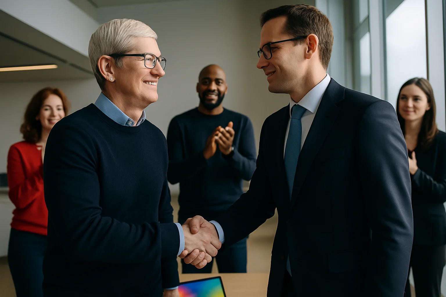 苹果CEO蒂姆库克与继任者约翰特努斯权力交接发布会现场