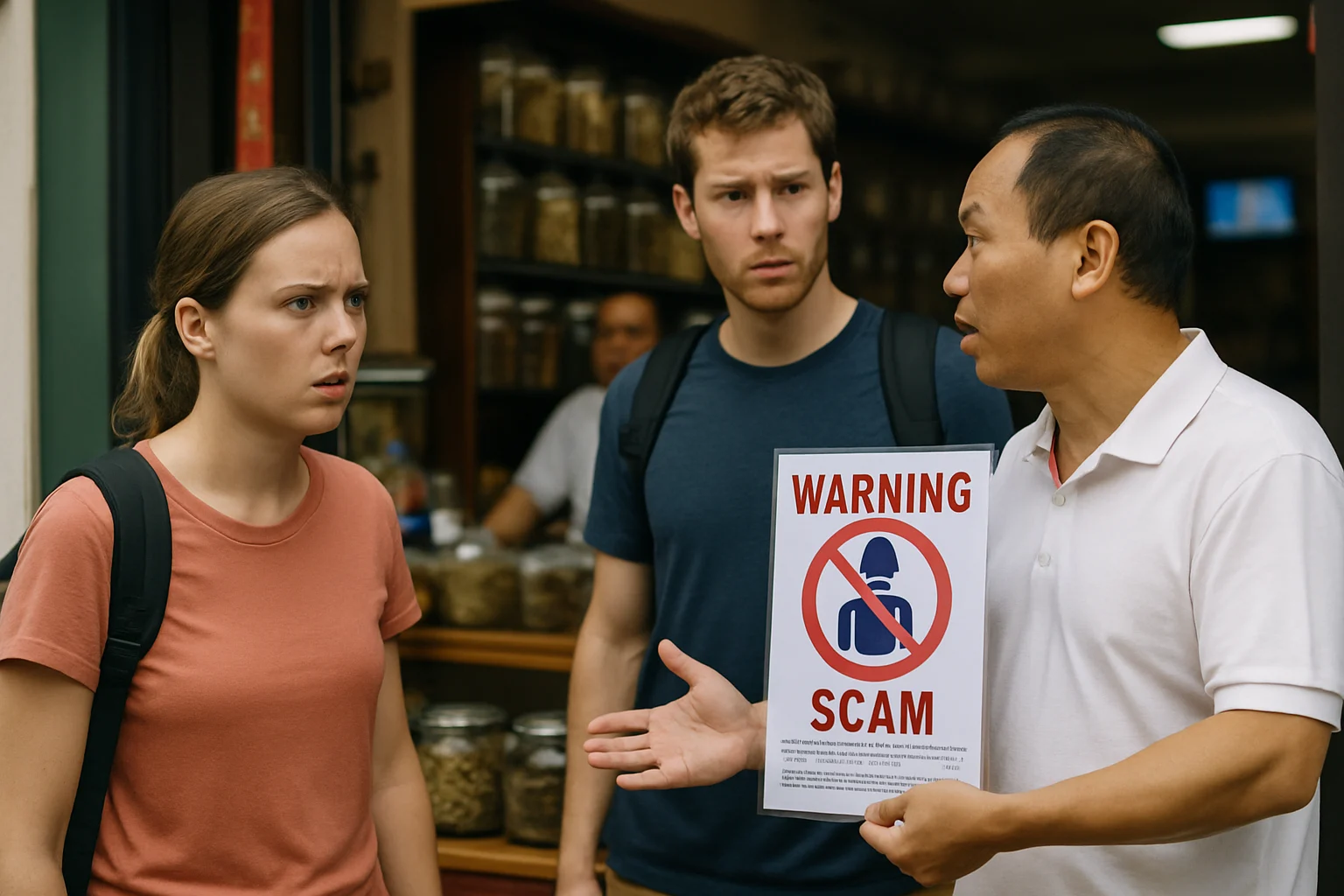 旅游购物防骗提示卡，列出虫草等高价保健品购买注意事项