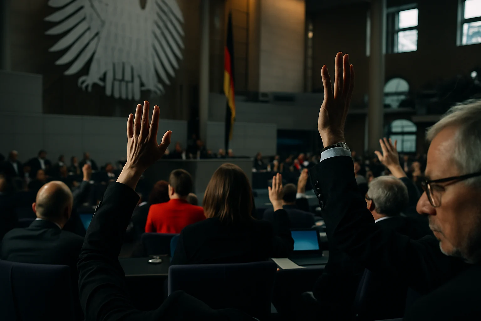 德国联邦议院投票通过国防预算增加案，议员举手表决