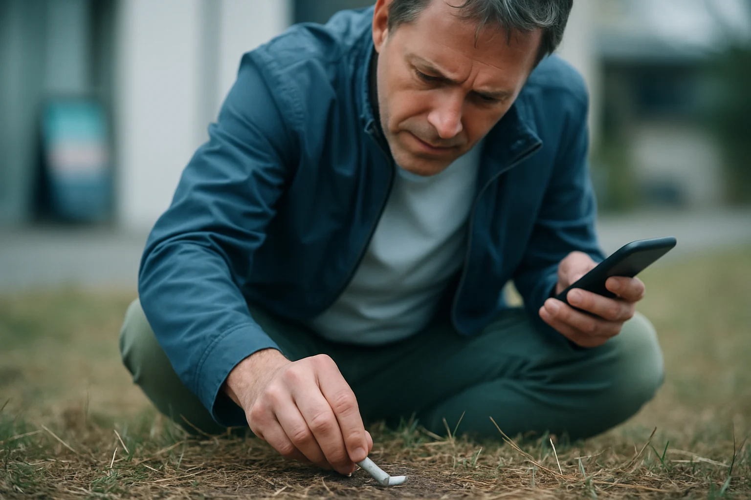 男子站在草地旁发现扔烟头处寸草不生的真实场景