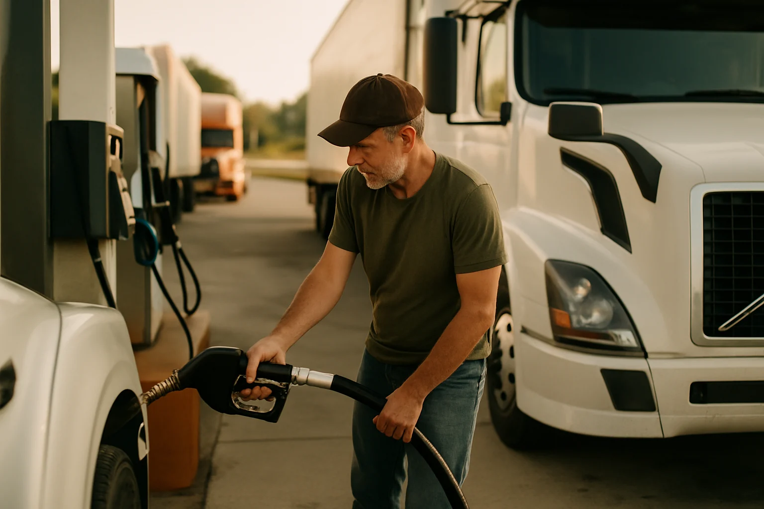 重型货车在高速公路加油站加柴油，司机查看油价显示屏