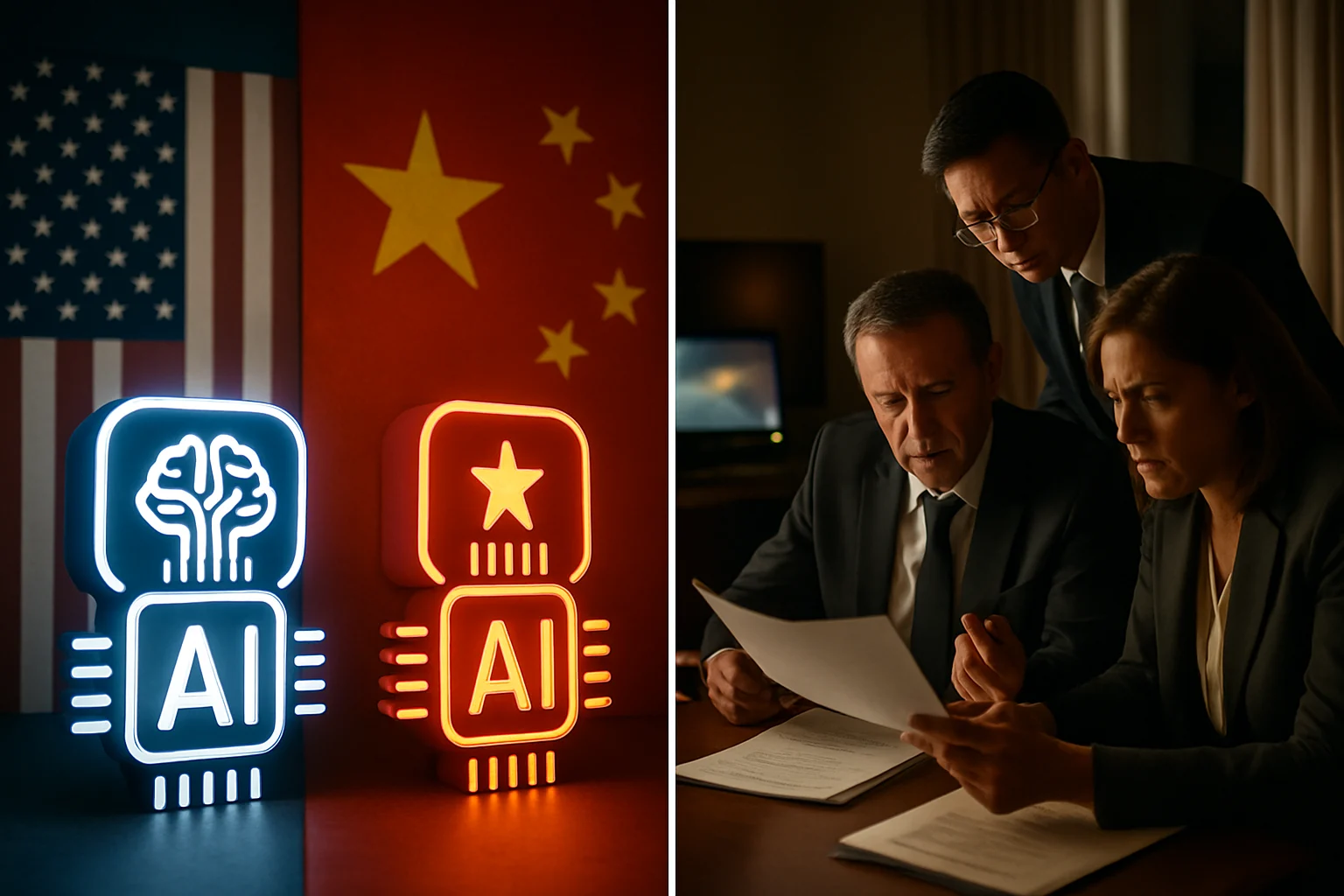 中美AI技术竞争格局示意图，Manus项目外资收购安全审查背景