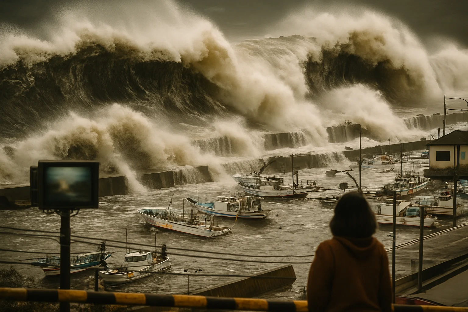 日本岩手县宫古港海啸到达实况，海浪冲击港口画面