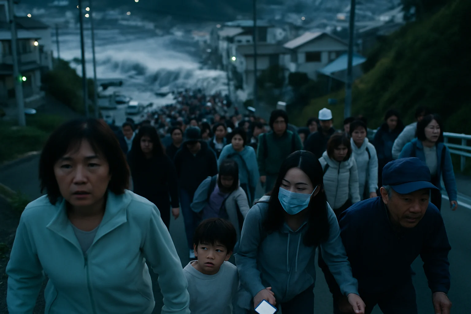 日本地震后居民向高地疏散避难海啸警报现场