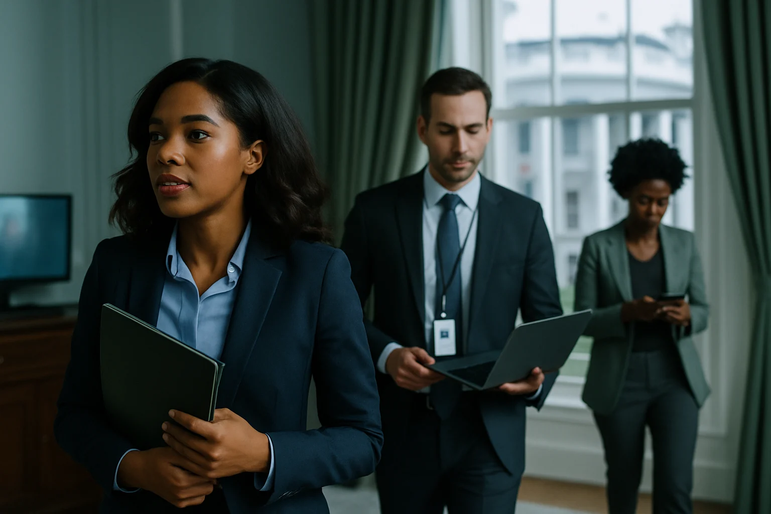 美国特勤局特工在白宫记者协会晚宴入口处执行安保任务的现场画面