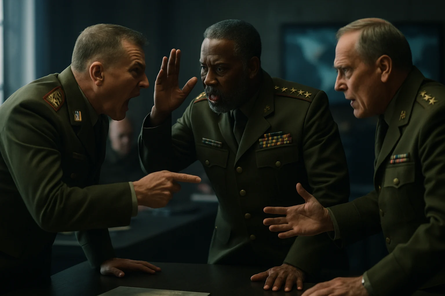 美国国防部长赫格塞思与陆军部长德里斯科尔在五角大楼会议室正面交锋场景示意图