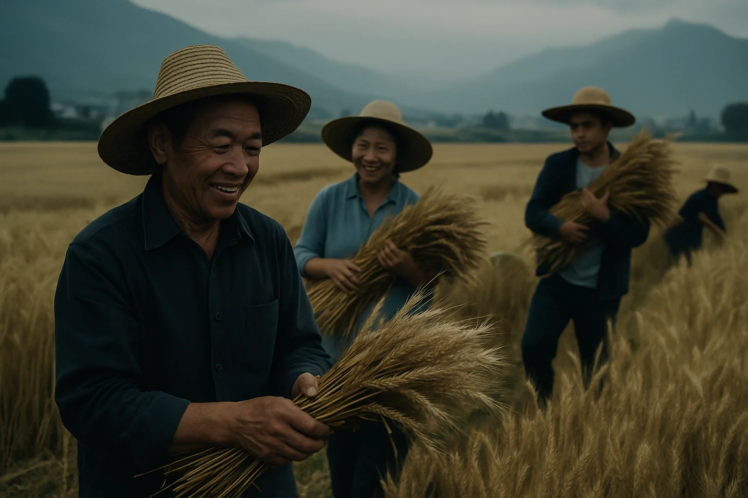 Farm workers in wide-brim hats gathering bundles of wheat in a golden field, with distant hills.