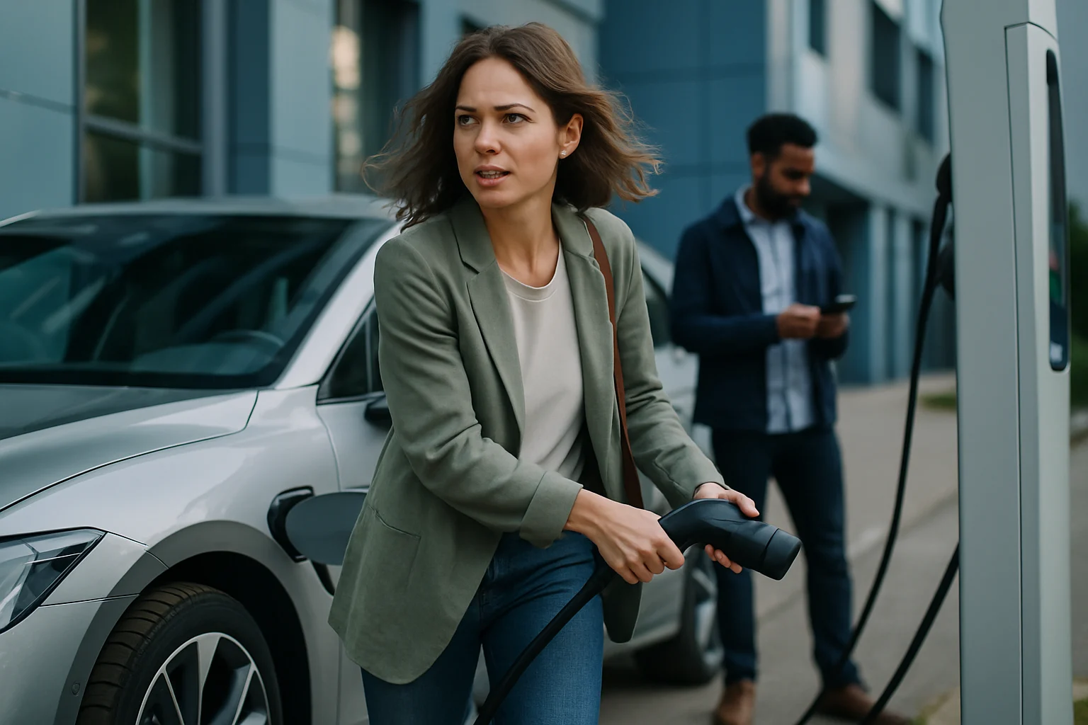 国产新能源汽车再生制动系统工作示意图，车辆下坡时能量回收箭头流向电池