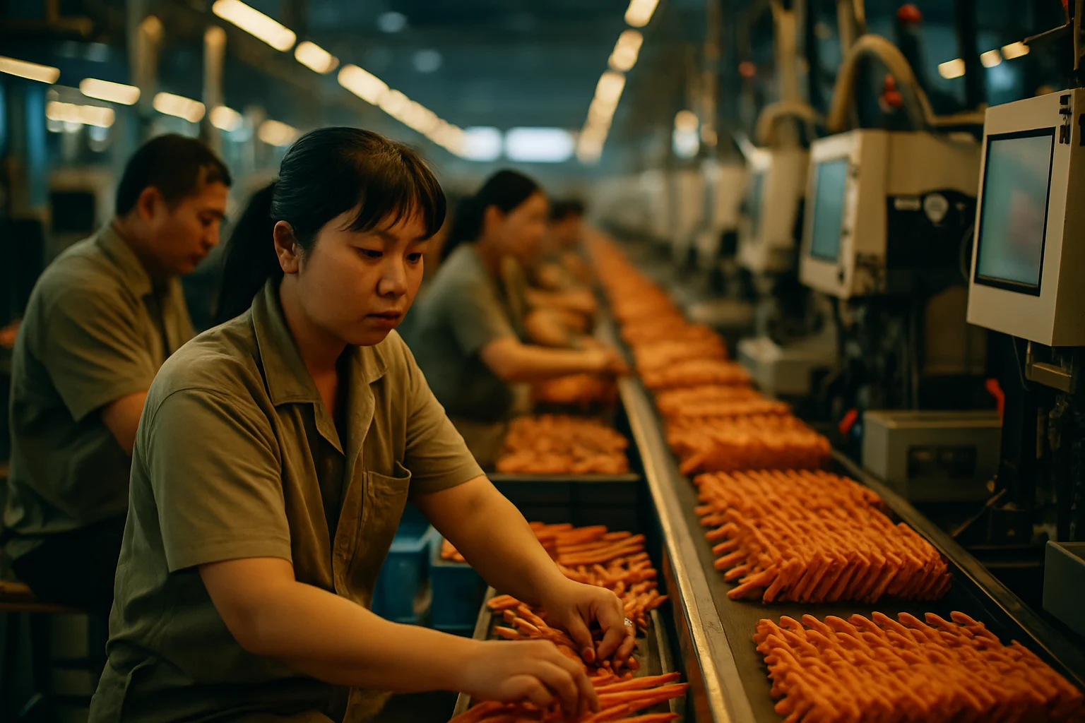 义乌工厂工人快速生产巴掌遮阳帽流水线现场