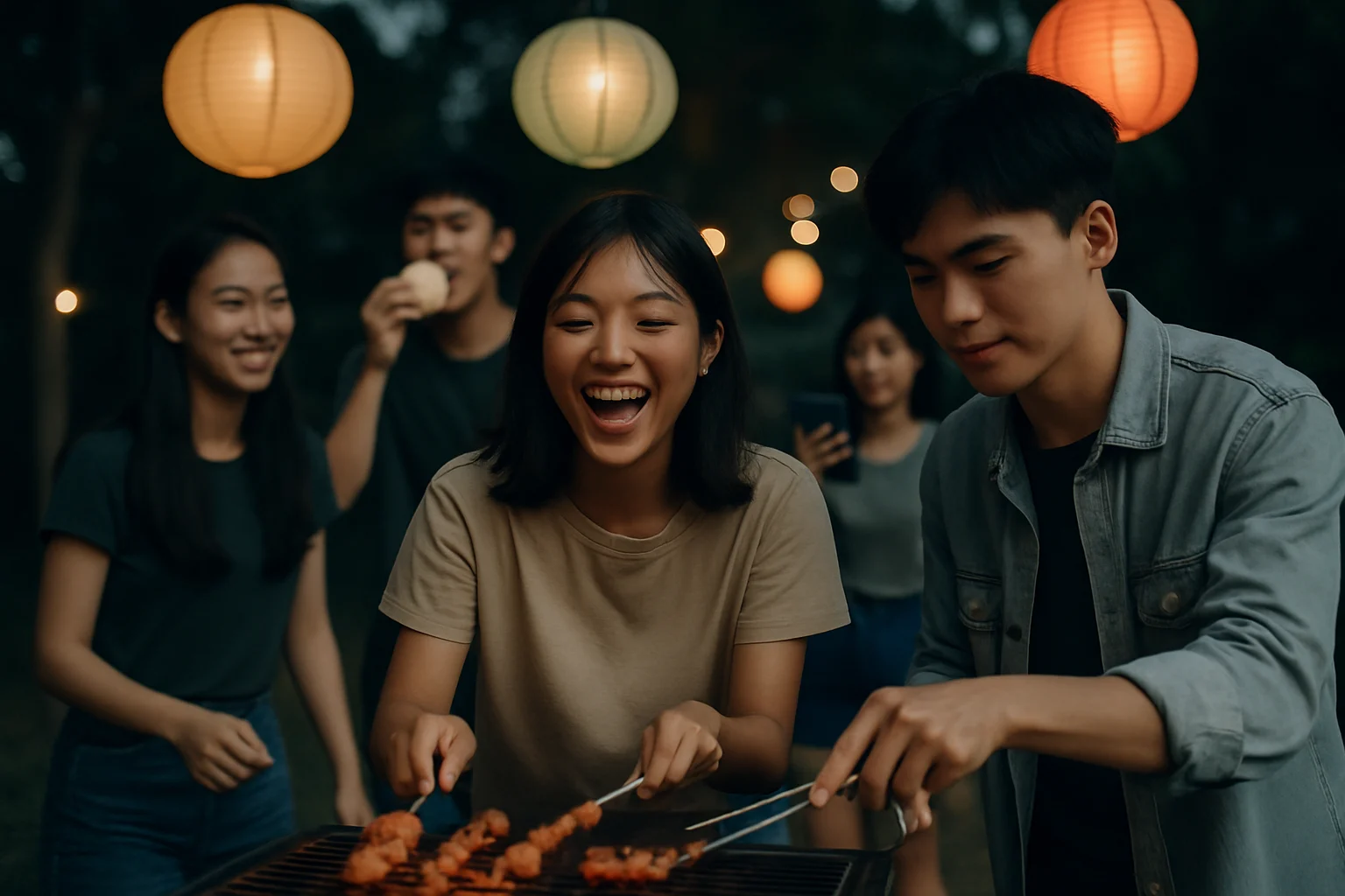 台湾年轻人在中秋节赏月烤肉的街头场景，节日气氛浓厚