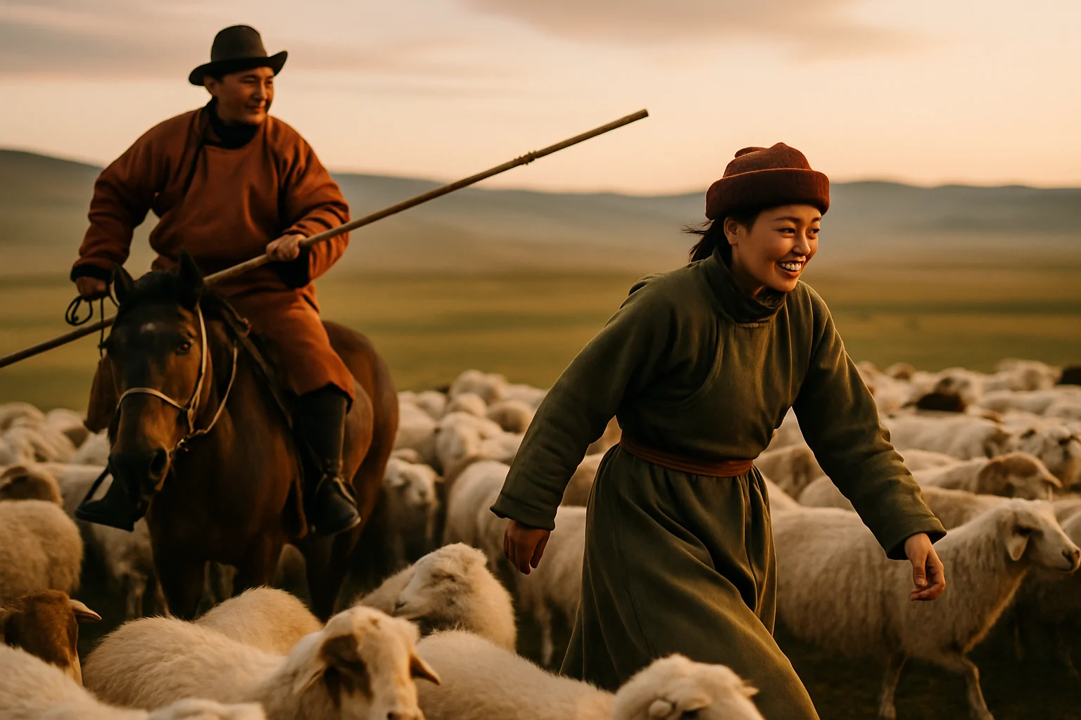 夫妻档牧羊工在内蒙古草原上协作放牧，远处是大片羊群