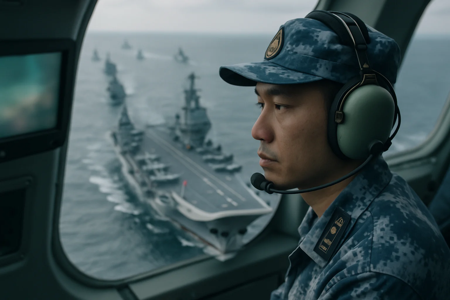 中国航母编队在南海海域训练演习的俯瞰图