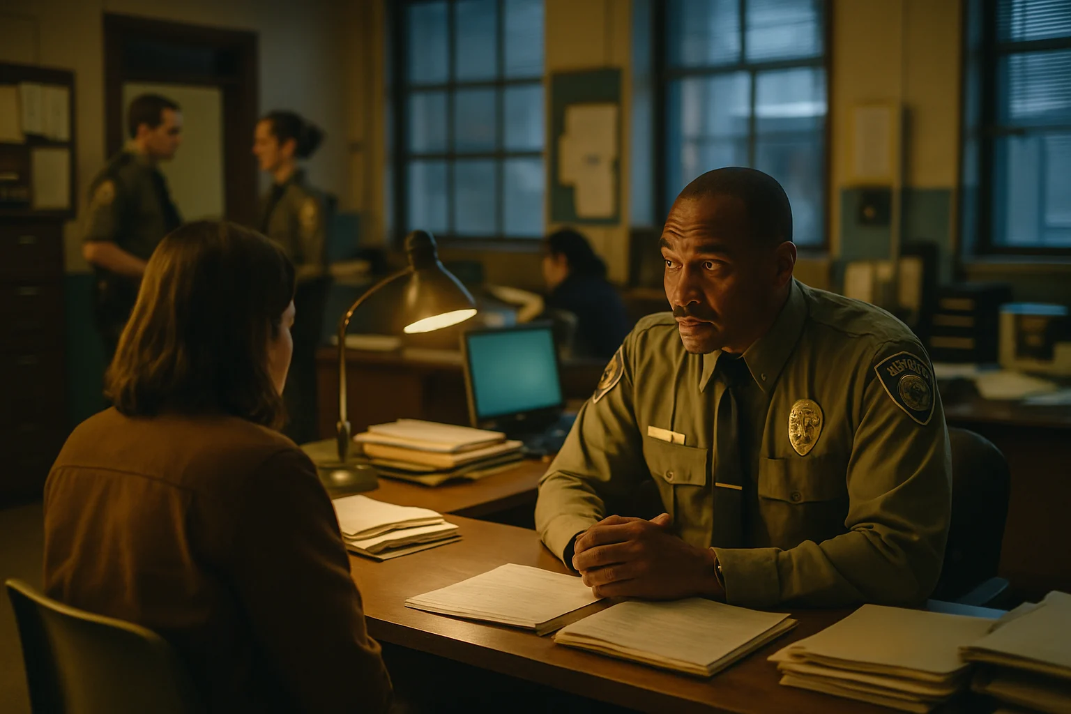 基层派出所民警深夜值班工作场景，展示公安系统高强度工作状态