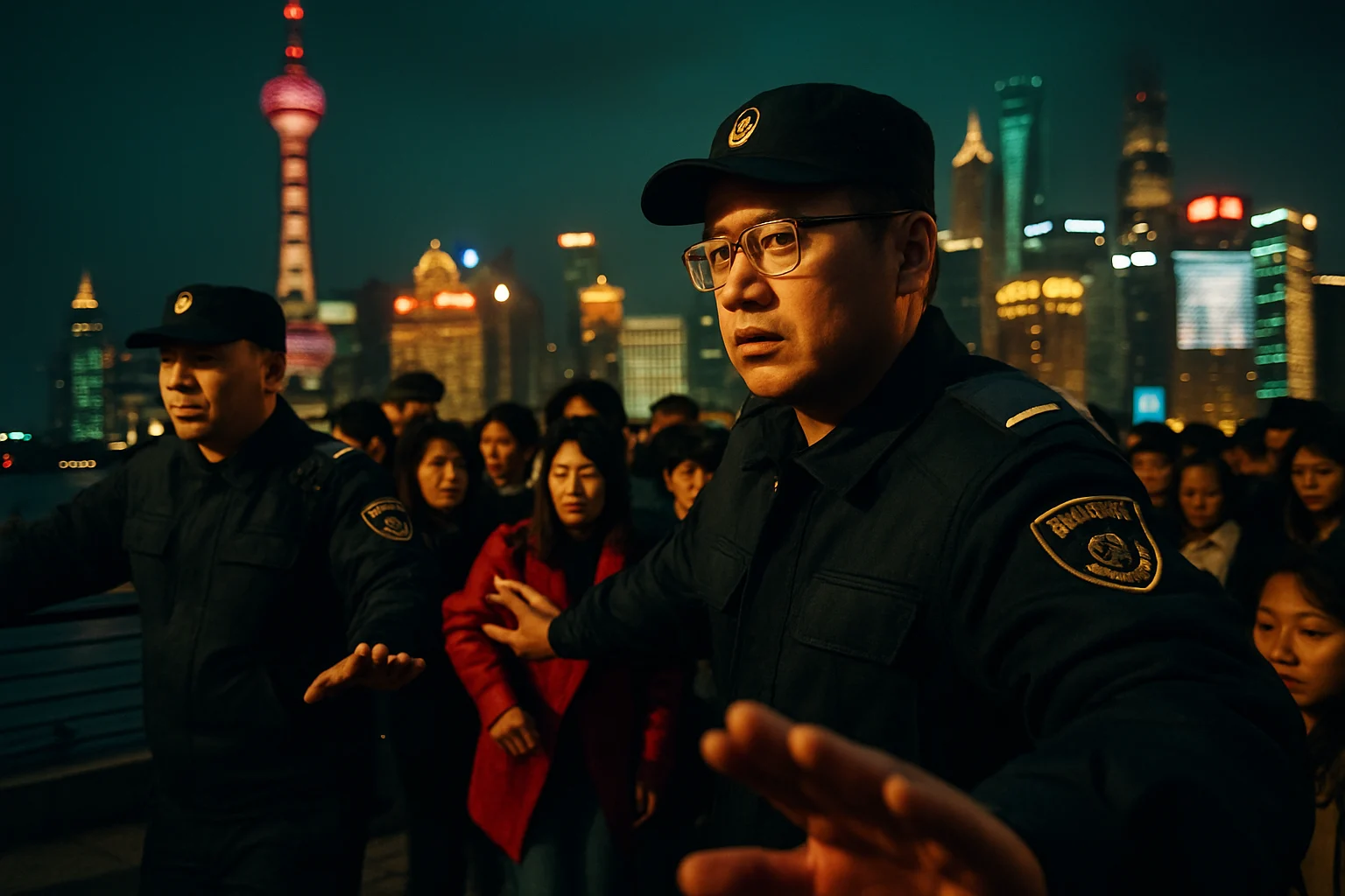 上海外滩五一假期白衬衣安全协管员在人群中疏导游客
